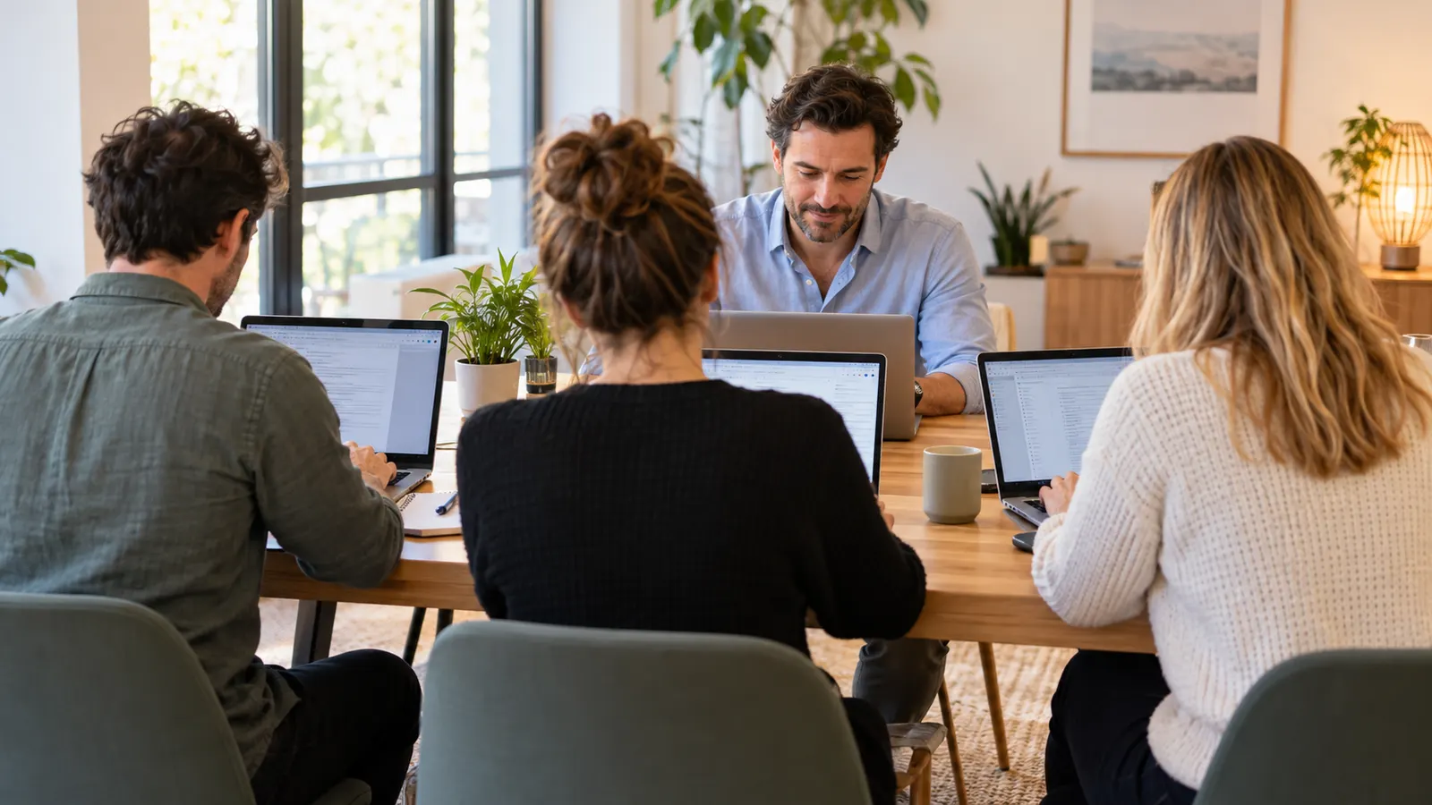 Atelier de formation à l'IA : des participants travaillent ensemble sur leurs ordinateurs portables